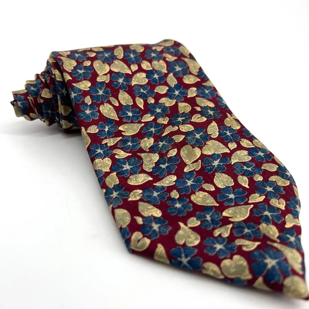 Vintage Ermenegildo Zegna Italy 100% Silk Hand Made Tie Red Gold Blue Floral